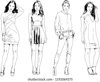 vector drawings on the theme of beautiful slim sporty girl in casual clothes in various poses painted ink hand sketch with no background