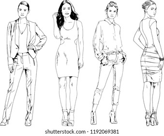 vector drawings on the theme of beautiful slim sporty girl in casual clothes in various poses painted ink hand sketch with no background