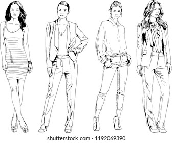 vector drawings on the theme of beautiful slim sporty girl in casual clothes in various poses painted ink hand sketch with no background