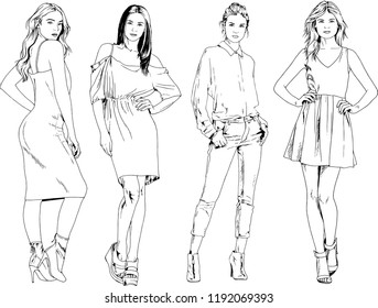 vector drawings on the theme of beautiful slim sporty girl in casual clothes in various poses painted ink hand sketch with no background