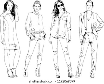 vector drawings on the theme of beautiful slim sporty girl in casual clothes in various poses painted ink hand sketch with no background