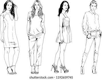vector drawings on the theme of beautiful slim sporty girl in casual clothes in various poses painted ink hand sketch with no background