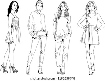 vector drawings on the theme of beautiful slim sporty girl in casual clothes in various poses painted ink hand sketch with no background