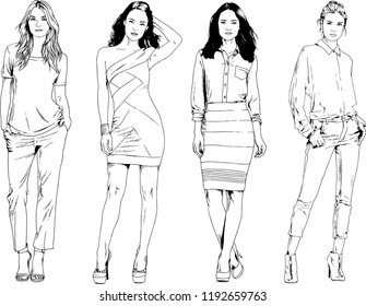 vector drawings on the theme of beautiful slim sporty girl in casual clothes in various poses painted ink hand sketch with no background