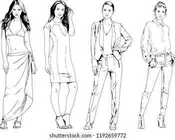 vector drawings on the theme of beautiful slim sporty girl in casual clothes in various poses painted ink hand sketch with no background