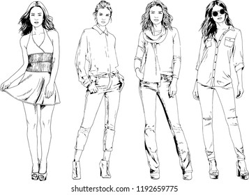 vector drawings on the theme of beautiful slim sporty girl in casual clothes in various poses painted ink hand sketch with no background