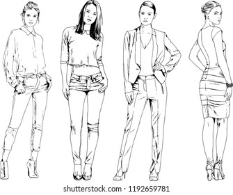 vector drawings on the theme of beautiful slim sporty girl in casual clothes in various poses painted ink hand sketch with no background