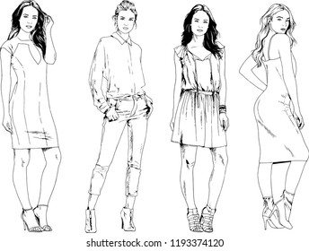 vector drawings on the theme of beautiful slim sporty girl in casual clothes in various poses painted ink hand sketch with no background