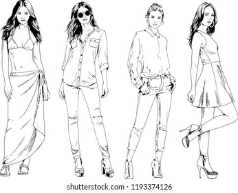 vector drawings on the theme of beautiful slim sporty girl in casual clothes in various poses painted ink hand sketch with no background