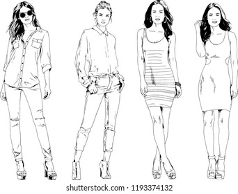 vector drawings on the theme of beautiful slim sporty girl in casual clothes in various poses painted ink hand sketch with no background
