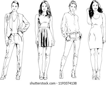vector drawings on the theme of beautiful slim sporty girl in casual clothes in various poses painted ink hand sketch with no background