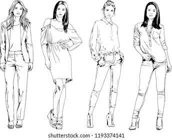 vector drawings on the theme of beautiful slim sporty girl in casual clothes in various poses painted ink hand sketch with no background