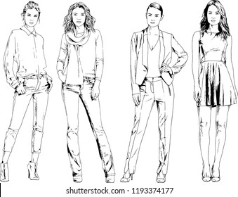 vector drawings on the theme of beautiful slim sporty girl in casual clothes in various poses painted ink hand sketch with no background