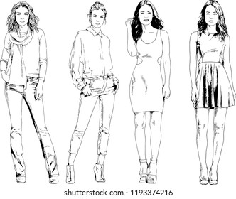 vector drawings on the theme of beautiful slim sporty girl in casual clothes in various poses painted ink hand sketch with no background
