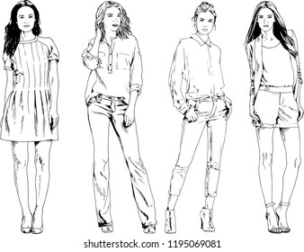 vector drawings on the theme of beautiful slim sporty girl in casual clothes in various poses painted ink hand sketch with no background