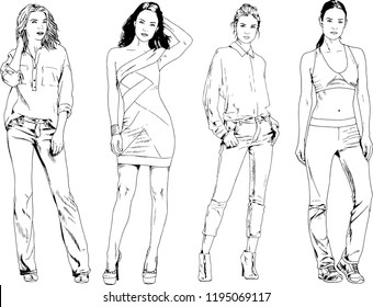 vector drawings on the theme of beautiful slim sporty girl in casual clothes in various poses painted ink hand sketch with no background