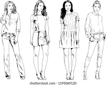 vector drawings on the theme of beautiful slim sporty girl in casual clothes in various poses painted ink hand sketch with no background