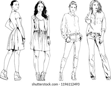 vector drawings on the theme of beautiful slim sporty girl in casual clothes in various poses painted ink hand sketch with no background