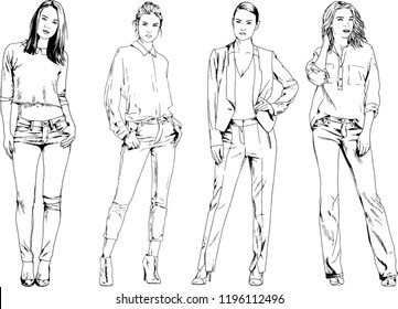 vector drawings on the theme of beautiful slim sporty girl in casual clothes in various poses painted ink hand sketch with no background