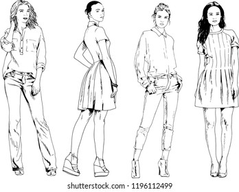 vector drawings on the theme of beautiful slim sporty girl in casual clothes in various poses painted ink hand sketch with no background