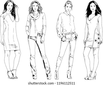 vector drawings on the theme of beautiful slim sporty girl in casual clothes in various poses painted ink hand sketch with no background