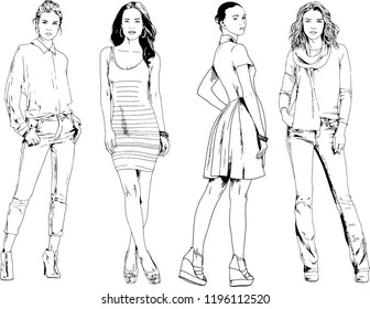 vector drawings on the theme of beautiful slim sporty girl in casual clothes in various poses painted ink hand sketch with no background