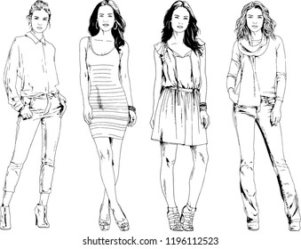 vector drawings on the theme of beautiful slim sporty girl in casual clothes in various poses painted ink hand sketch with no background