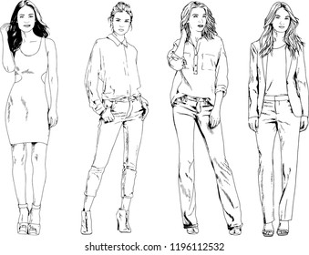vector drawings on the theme of beautiful slim sporty girl in casual clothes in various poses painted ink hand sketch with no background