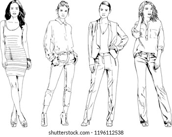 vector drawings on the theme of beautiful slim sporty girl in casual clothes in various poses painted ink hand sketch with no background