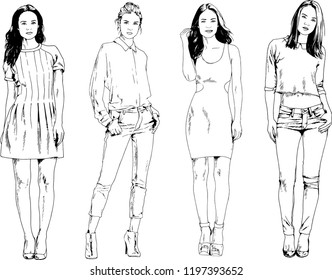 vector drawings on the theme of beautiful slim sporty girl in casual clothes in various poses painted ink hand sketch with no background