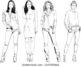 vector drawings on the theme of beautiful slim sporty girl in casual clothes in various poses painted ink hand sketch with no background