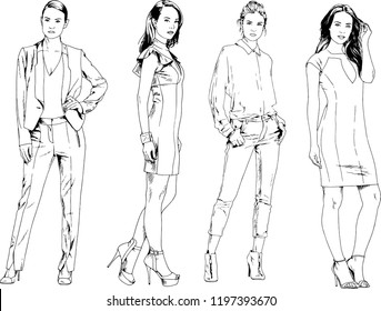 vector drawings on the theme of beautiful slim sporty girl in casual clothes in various poses painted ink hand sketch with no background