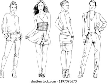 vector drawings on the theme of beautiful slim sporty girl in casual clothes in various poses painted ink hand sketch with no background