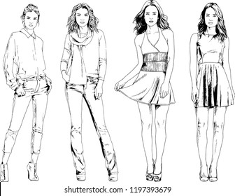 vector drawings on the theme of beautiful slim sporty girl in casual clothes in various poses painted ink hand sketch with no background