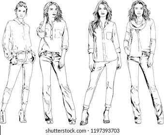 vector drawings on the theme of beautiful slim sporty girl in casual clothes in various poses painted ink hand sketch with no background