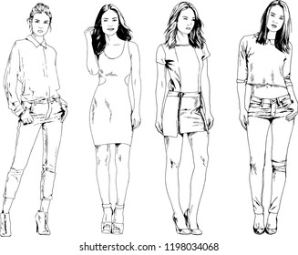 vector drawings on the theme of beautiful slim sporty girl in casual clothes in various poses painted ink hand sketch with no background