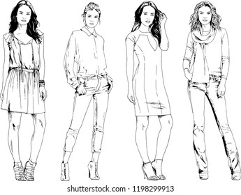 vector drawings on the theme of beautiful slim sporty girl in casual clothes in various poses painted ink hand sketch with no background