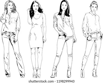 vector drawings on the theme of beautiful slim sporty girl in casual clothes in various poses painted ink hand sketch with no background