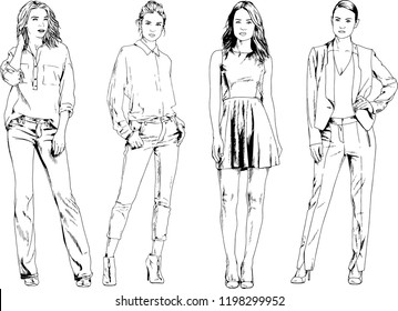 vector drawings on the theme of beautiful slim sporty girl in casual clothes in various poses painted ink hand sketch with no background