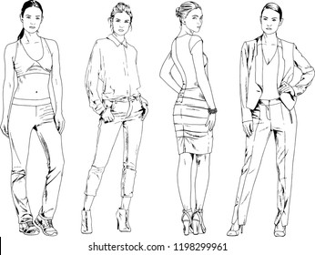 vector drawings on the theme of beautiful slim sporty girl in casual clothes in various poses painted ink hand sketch with no background