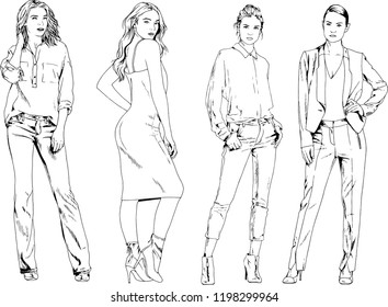vector drawings on the theme of beautiful slim sporty girl in casual clothes in various poses painted ink hand sketch with no background