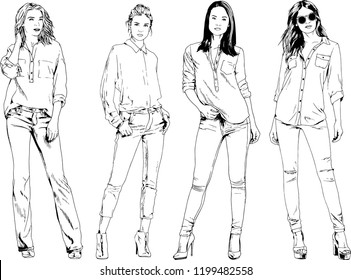 vector drawings on the theme of beautiful slim sporty girl in casual clothes in various poses painted ink hand sketch with no background
