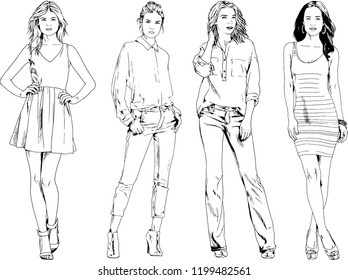 vector drawings on the theme of beautiful slim sporty girl in casual clothes in various poses painted ink hand sketch with no background