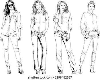 vector drawings on the theme of beautiful slim sporty girl in casual clothes in various poses painted ink hand sketch with no background