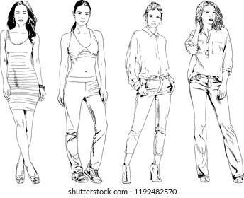 vector drawings on the theme of beautiful slim sporty girl in casual clothes in various poses painted ink hand sketch with no background