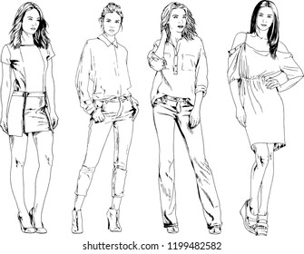 vector drawings on the theme of beautiful slim sporty girl in casual clothes in various poses painted ink hand sketch with no background