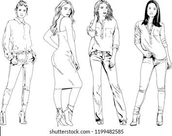 vector drawings on the theme of beautiful slim sporty girl in casual clothes in various poses painted ink hand sketch with no background