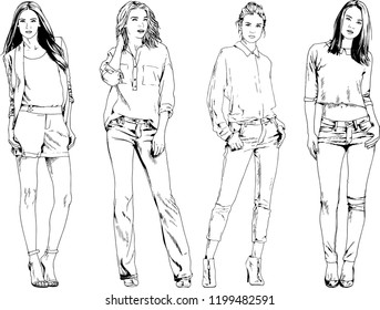 vector drawings on the theme of beautiful slim sporty girl in casual clothes in various poses painted ink hand sketch with no background