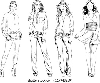 vector drawings on the theme of beautiful slim sporty girl in casual clothes in various poses painted ink hand sketch with no background