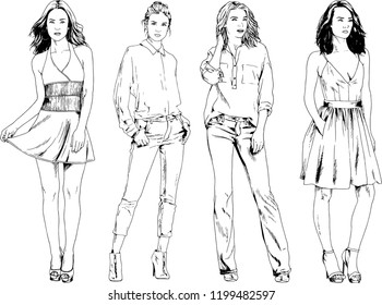 vector drawings on the theme of beautiful slim sporty girl in casual clothes in various poses painted ink hand sketch with no background